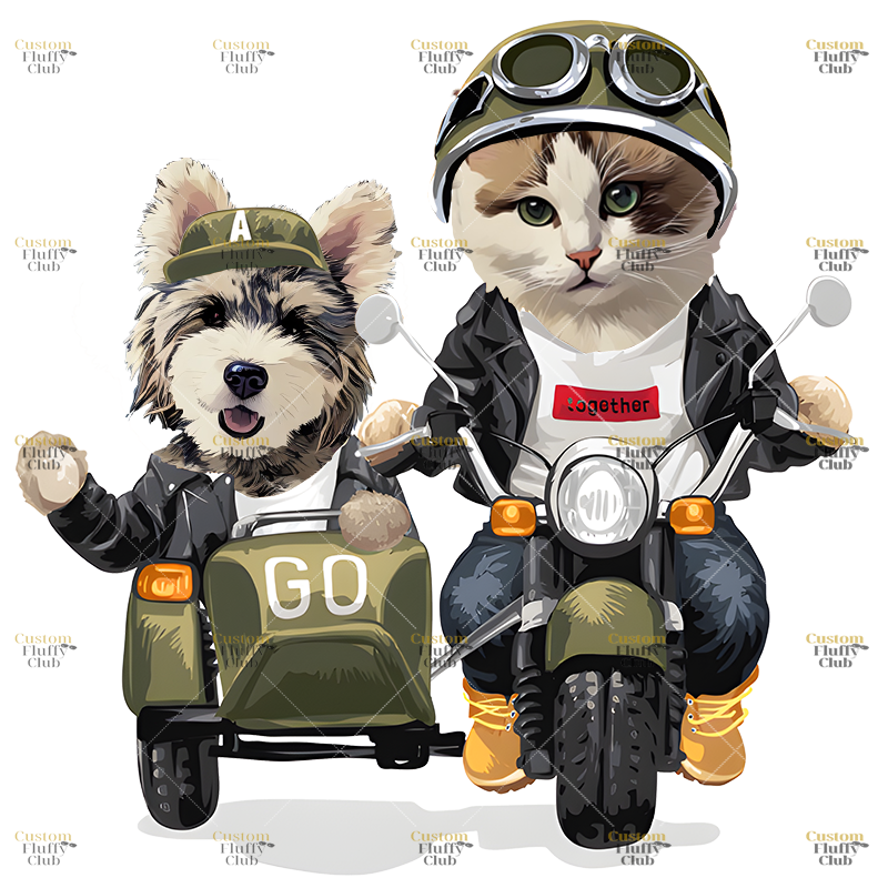 カスタムフワモコ部  プレミアムTシャツ バイクに乗る 2頭デザイン #250128-6