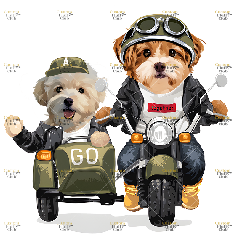 カスタムフワモコ部  プレミアムTシャツ バイクに乗る 2頭デザイン #250128-6