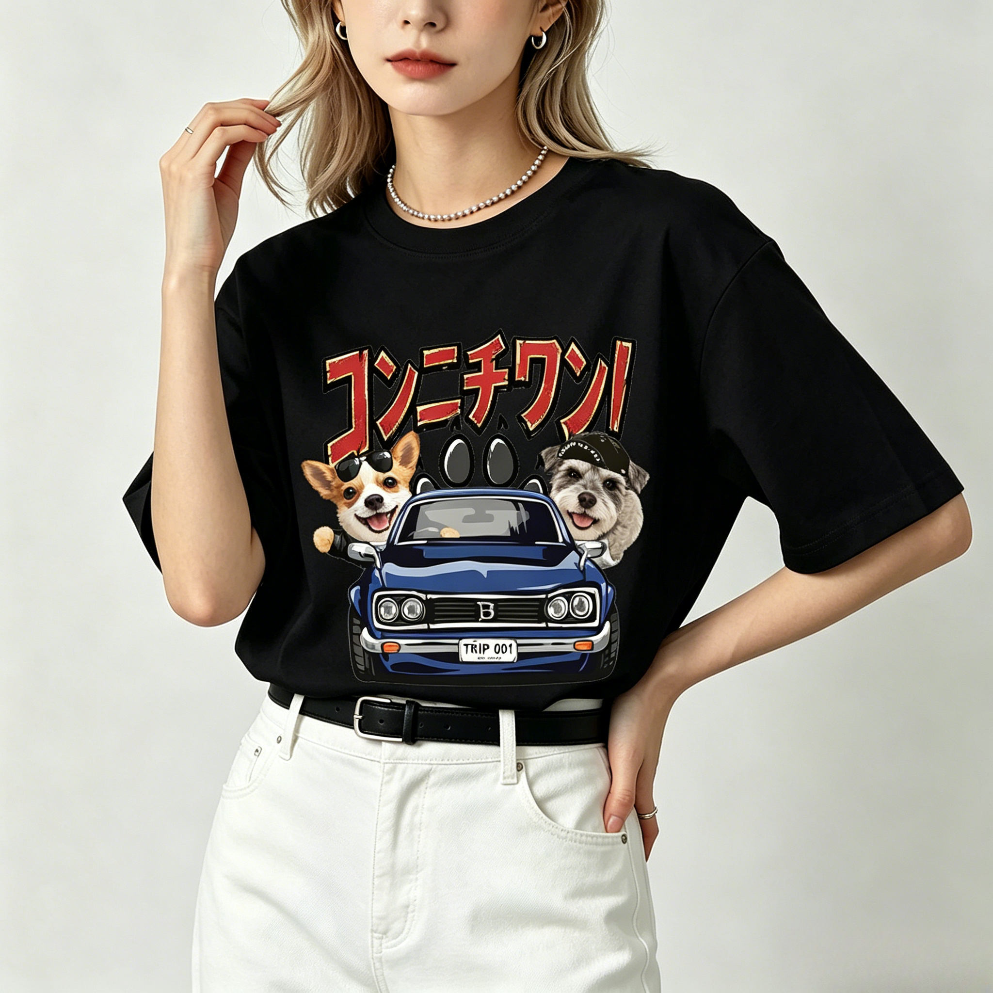 カスタムフワモコ部 ドライブへGO! プレミアムTシャツ  2頭デザイン 260520-8