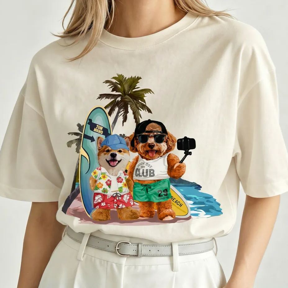 カスタムフワモコ部   ワンコビーチ自撮り  プレミアムTシャツ  2頭デザイン 260610-2