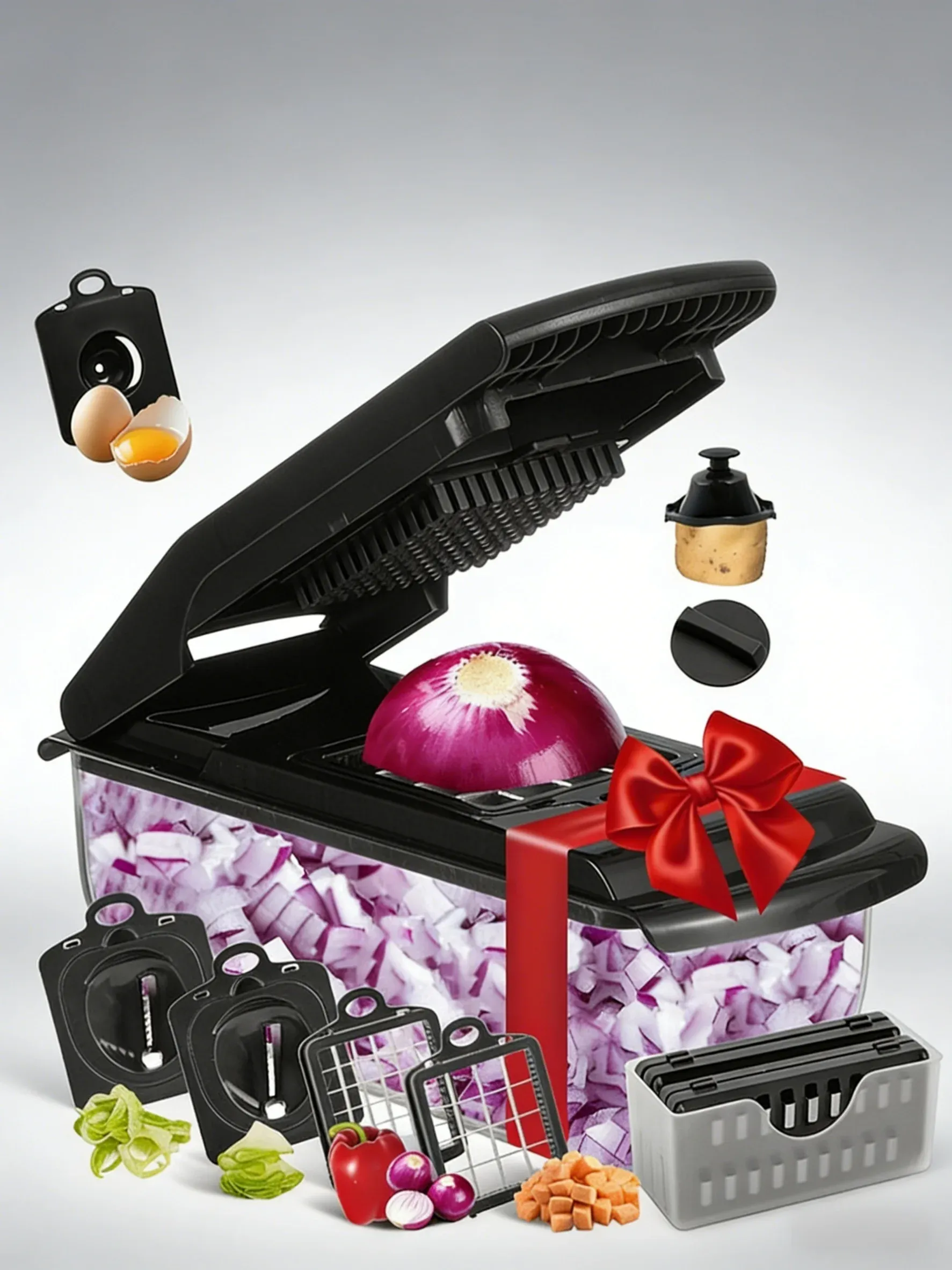 12-in-1 Multifunctional Vegetable Cutter & Mandoline Slicer - Professional Onion Chopper with Container, Safety Guard & 7 Interchangeable Blades - Easy to Clean Kitchen Gadget