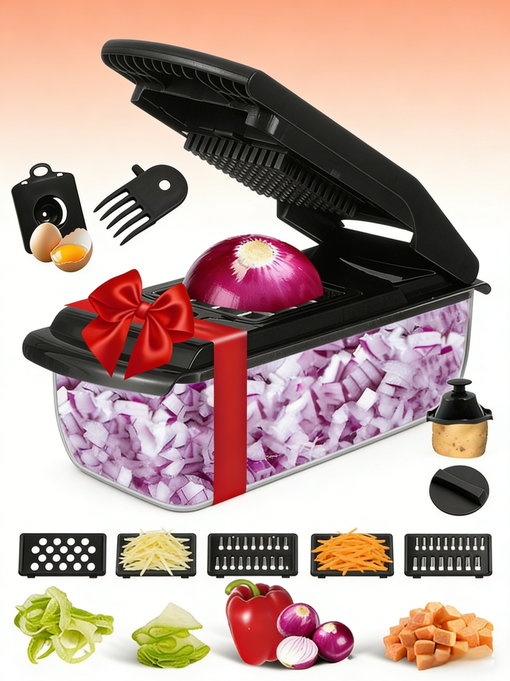 12-in-1 Multifunctional Vegetable Cutter & Mandoline Slicer - Professional Onion Chopper with Container, Safety Guard & 7 Interchangeable Blades - Easy to Clean Kitchen Gadget