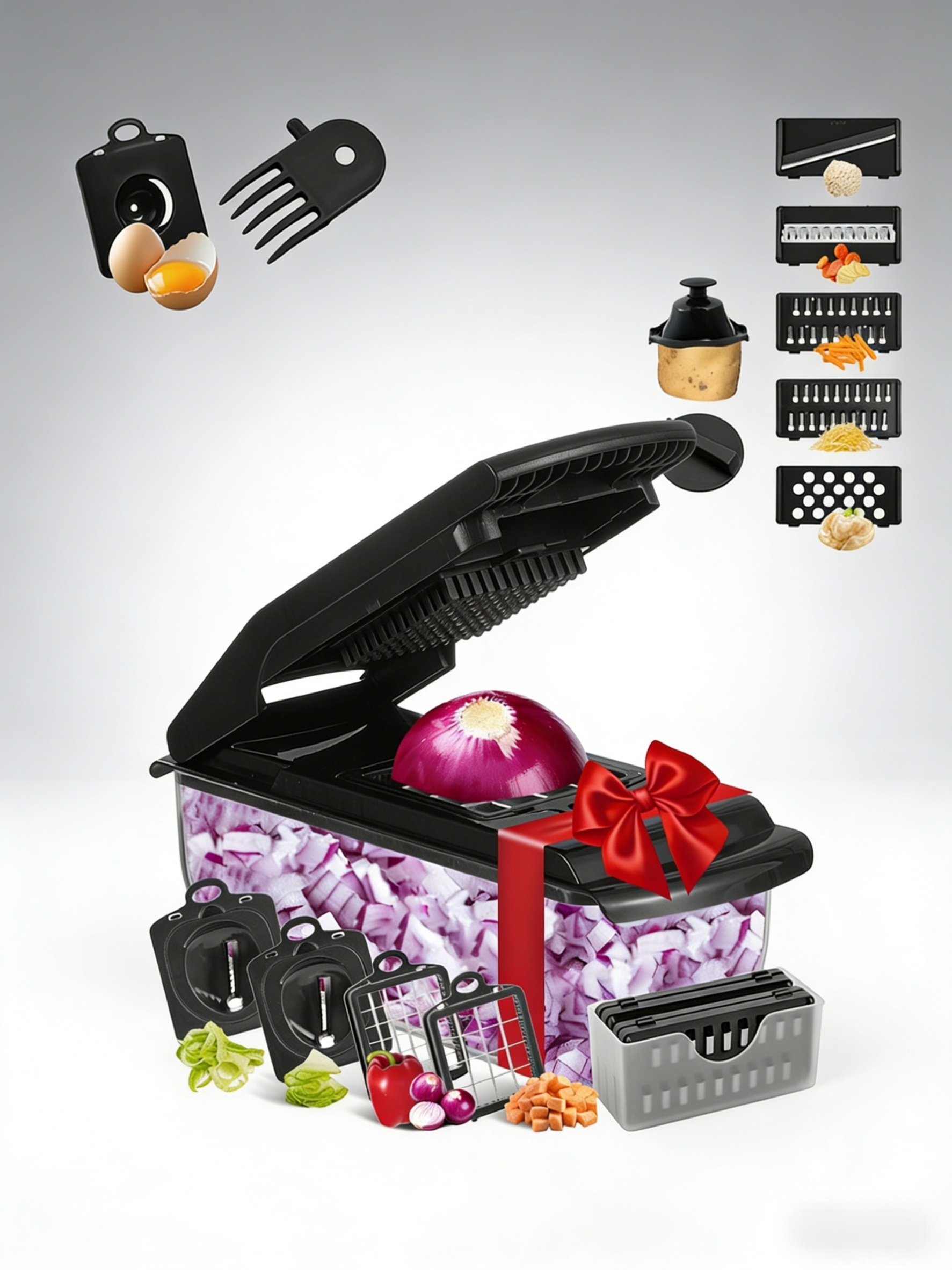 12-in-1 Multifunctional Vegetable Cutter & Mandoline Slicer - Professional Onion Chopper with Container, Safety Guard & 7 Interchangeable Blades - Easy to Clean Kitchen Gadget