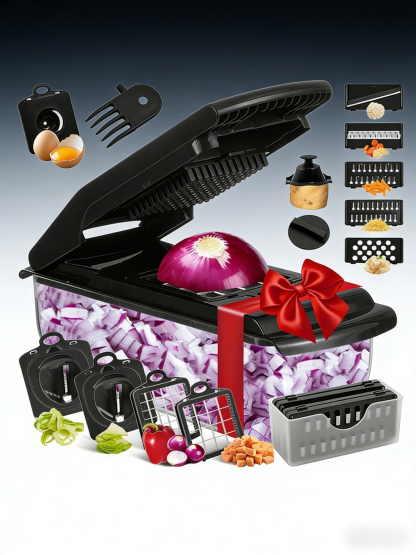 12-in-1 Multifunctional Vegetable Cutter & Mandoline Slicer - Professional Onion Chopper with Container, Safety Guard & 7 Interchangeable Blades - Easy to Clean Kitchen Gadget