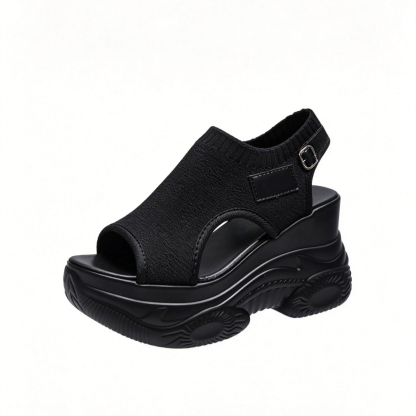 Peep Toe Wedge Platform Sandals | Invisible Height Increase | Breathable Fly-Knit Upper | Non-Slip Stable Walking Sandals