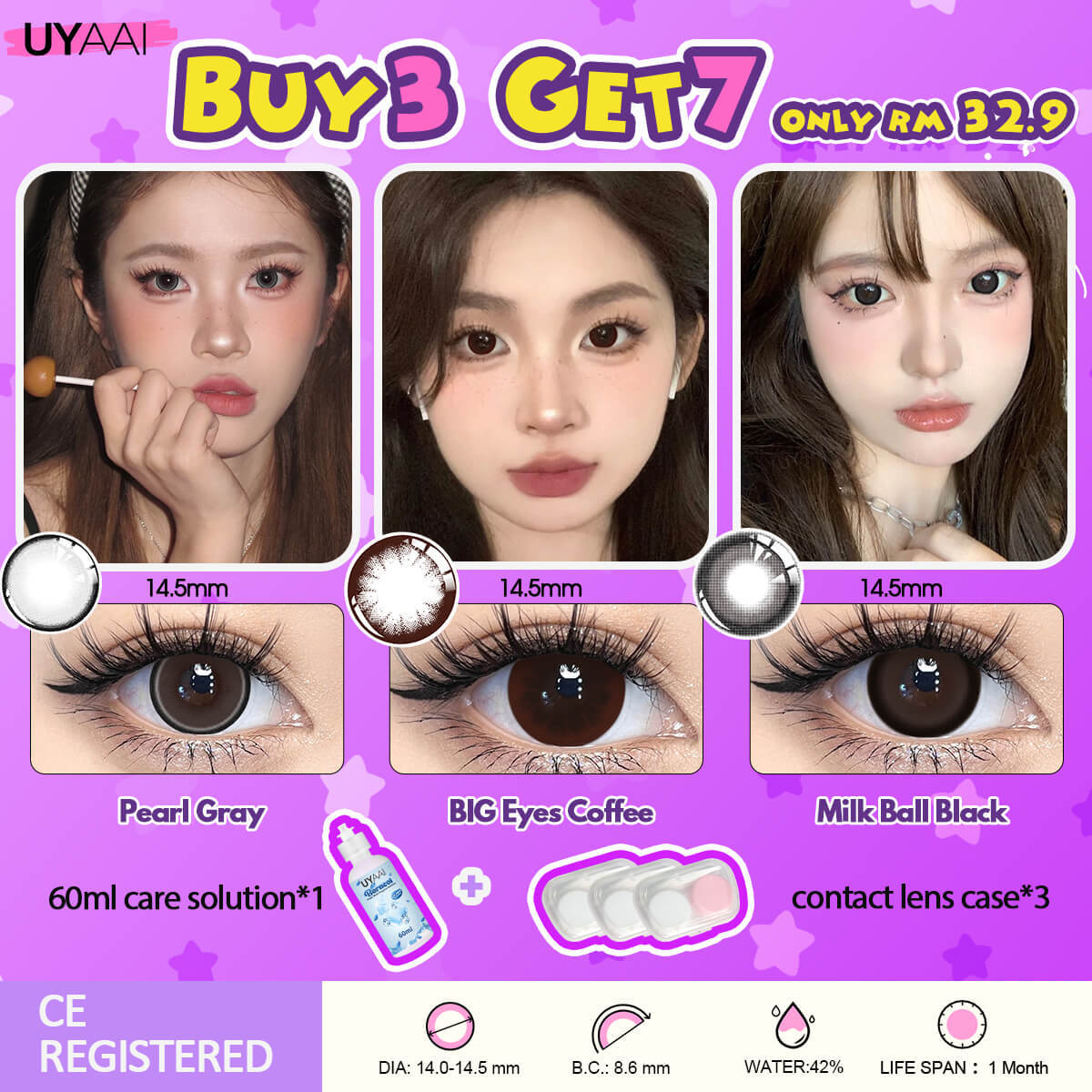 [Buy 3 Get 7] UYAAI 14.0-14.5MM Contact Lens Combo Set