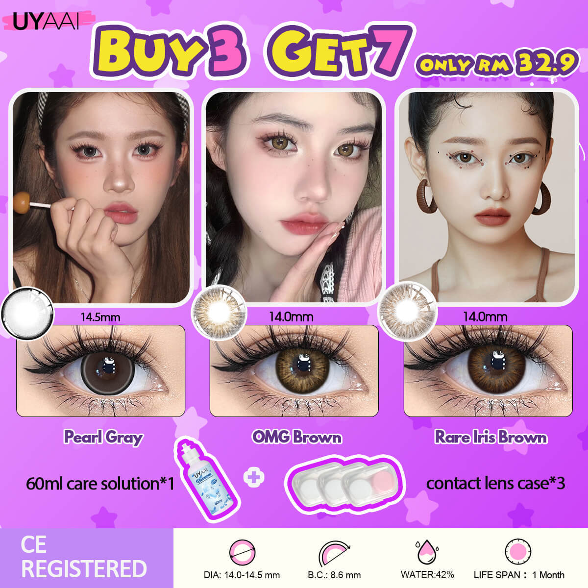 [Buy 3 Get 7] UYAAI 14.0-14.5MM Contact Lens Combo Set