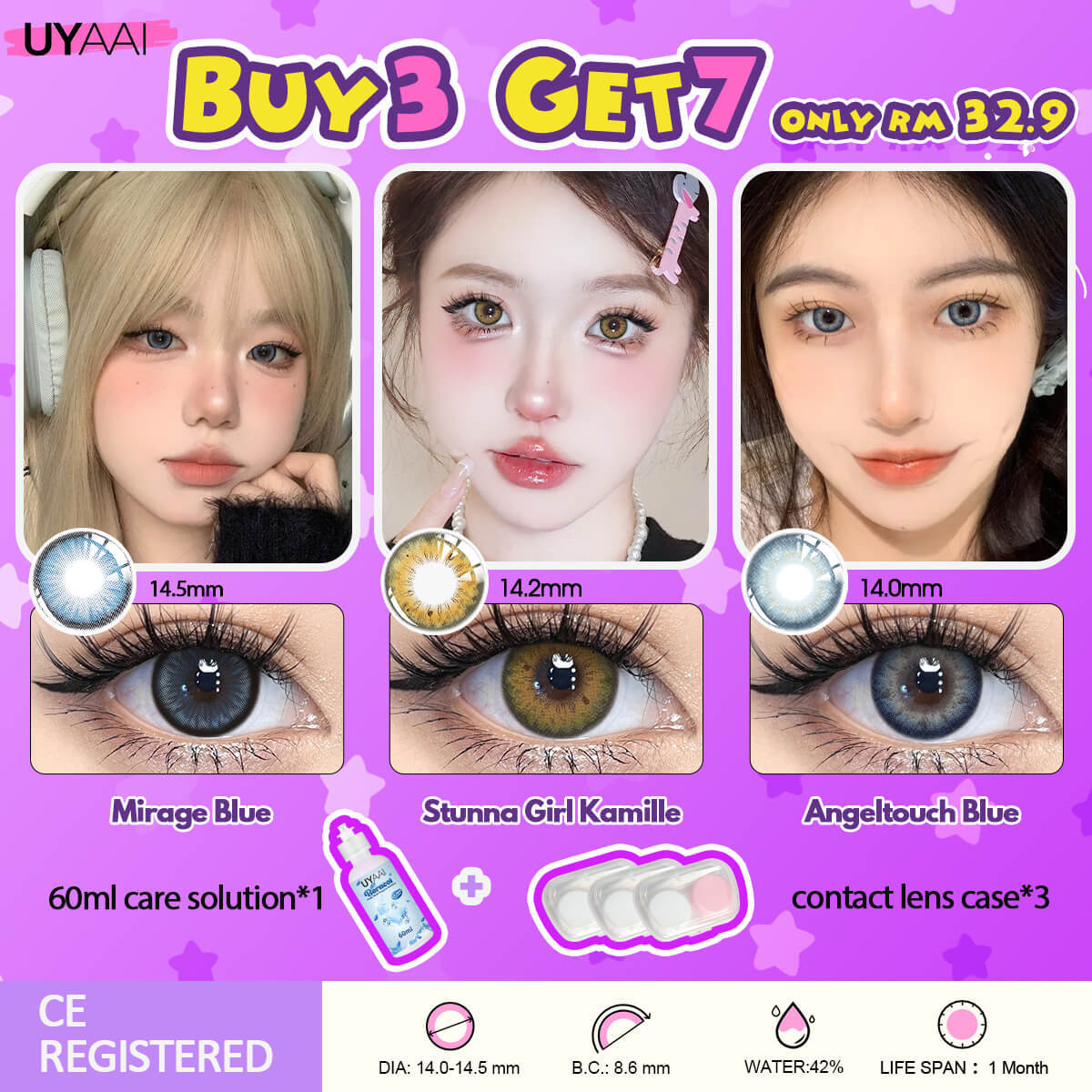 [Buy 3 Get 7] UYAAI 14.0-14.5MM Contact Lens Combo Set