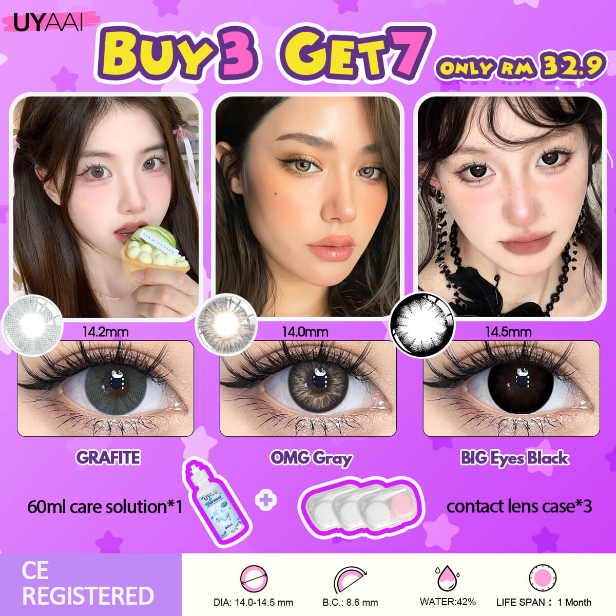 [Buy 3 Get 7] UYAAI 14.0-14.5MM Contact Lens Combo Set