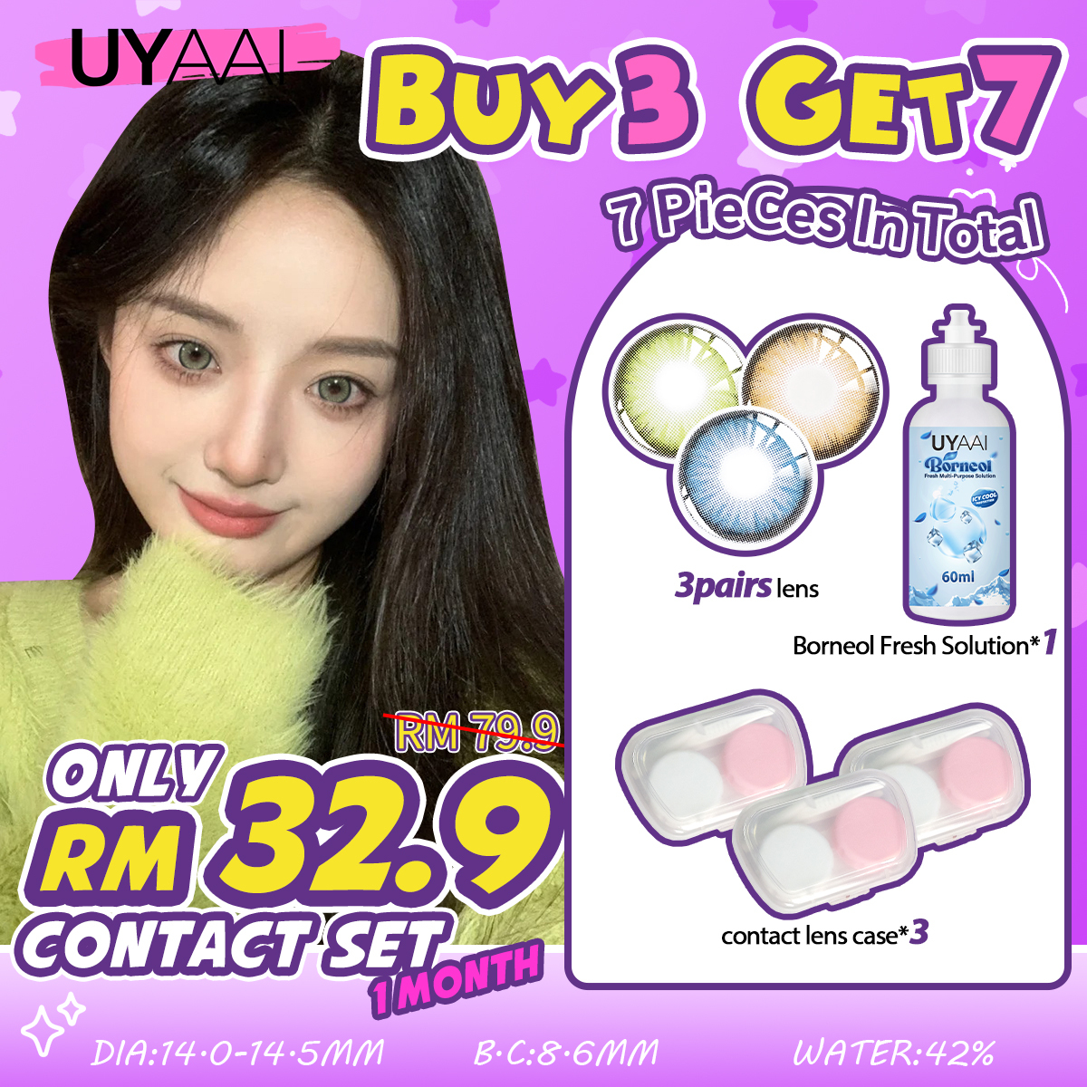 [Buy 3 Get 7] UYAAI 14.0-14.5MM Contact Lens Set With Lens Case + 60ml Care Solution