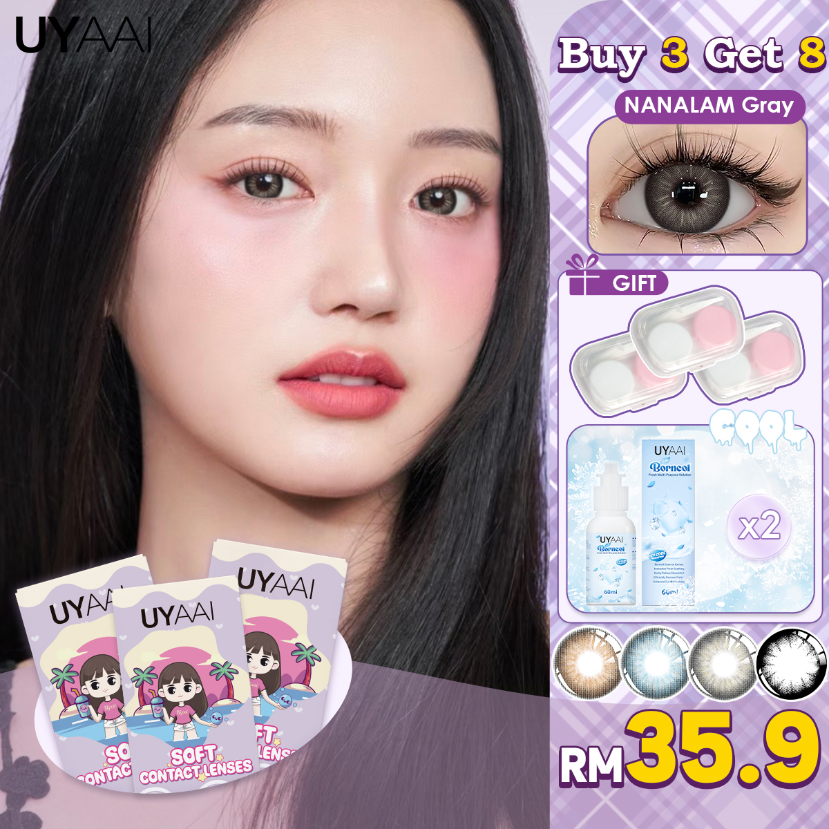 [Buy 3 Get 8] UYAAI 14.0-15.0MM Multicoloured Softlens Set With lens case + 2 Bottle Borneol 60ml Care Solution