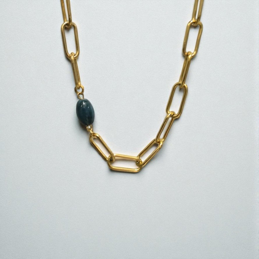 MOSS AGATE THICK PAPERCLIP NECKLACE GOLD