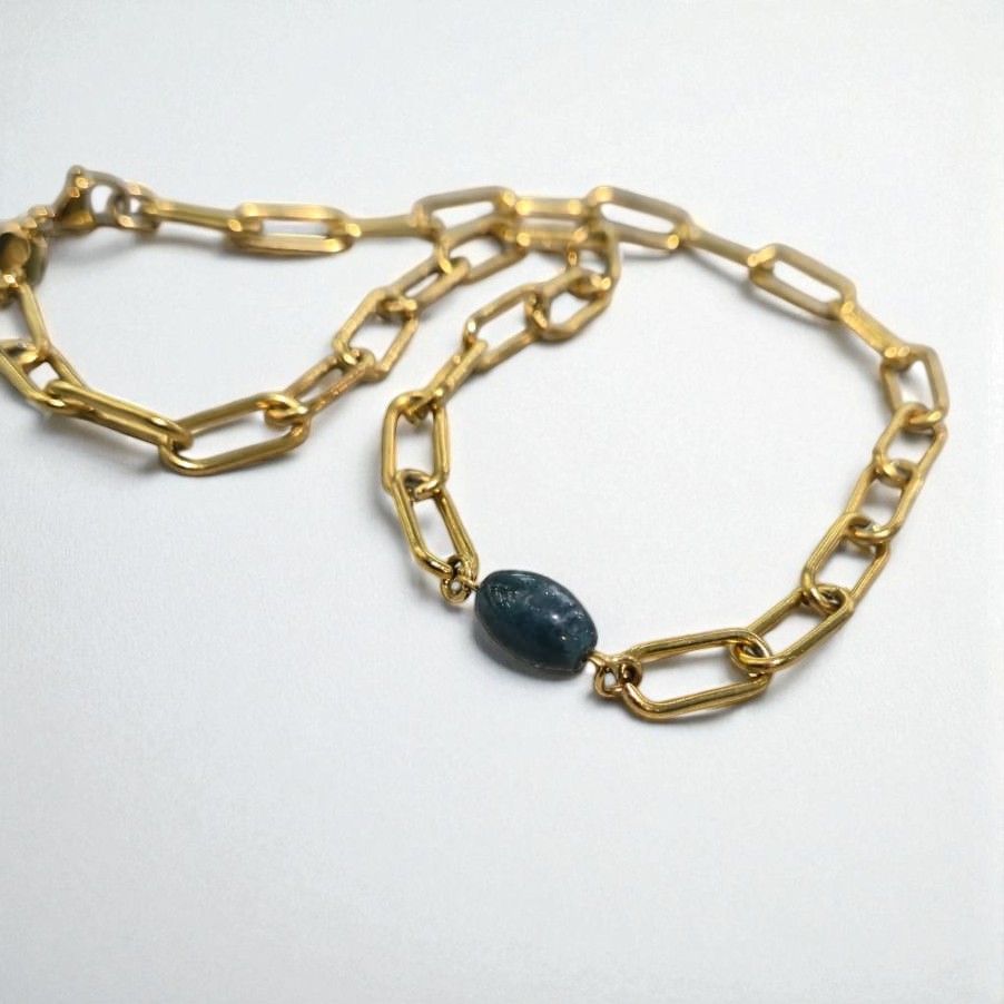 MOSS AGATE THICK PAPERCLIP NECKLACE GOLD