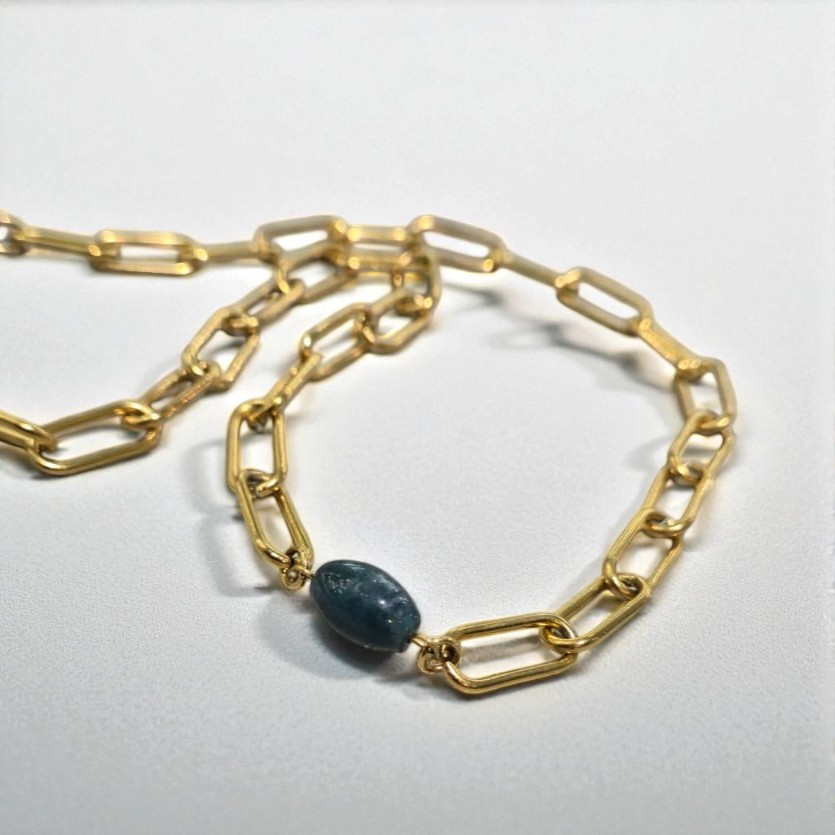 MOSS AGATE THICK PAPERCLIP NECKLACE GOLD