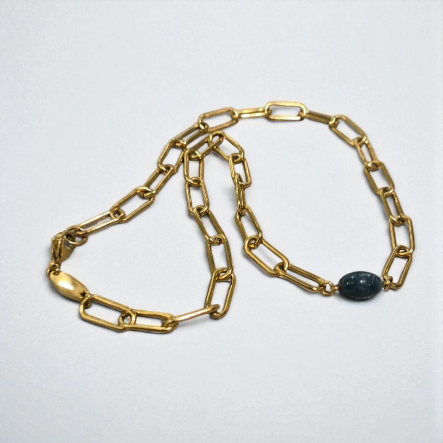 MOSS AGATE THICK PAPERCLIP NECKLACE GOLD