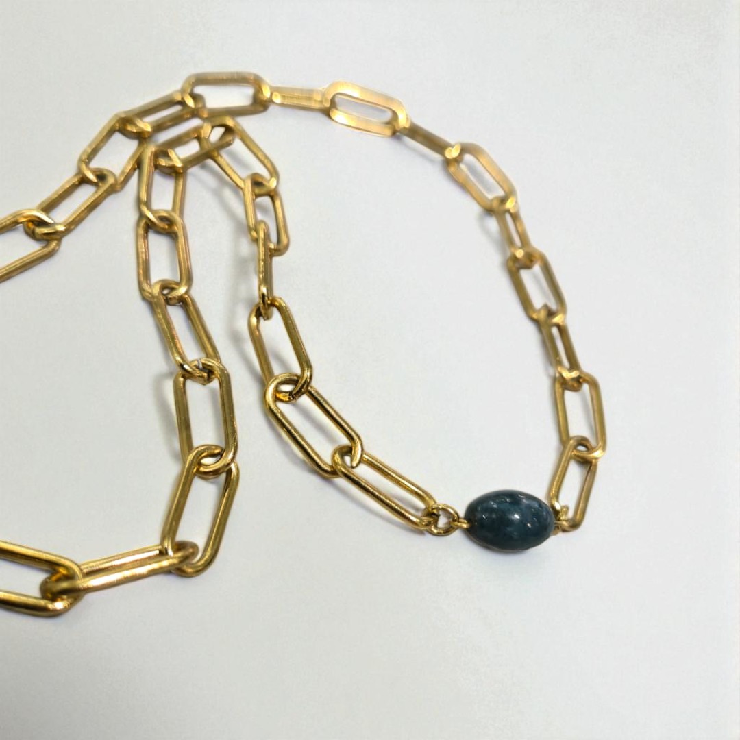 MOSS AGATE THICK PAPERCLIP NECKLACE GOLD