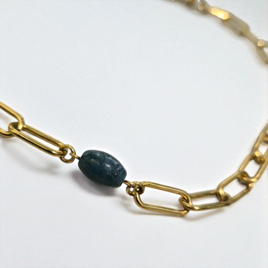 MOSS AGATE THICK PAPERCLIP NECKLACE GOLD