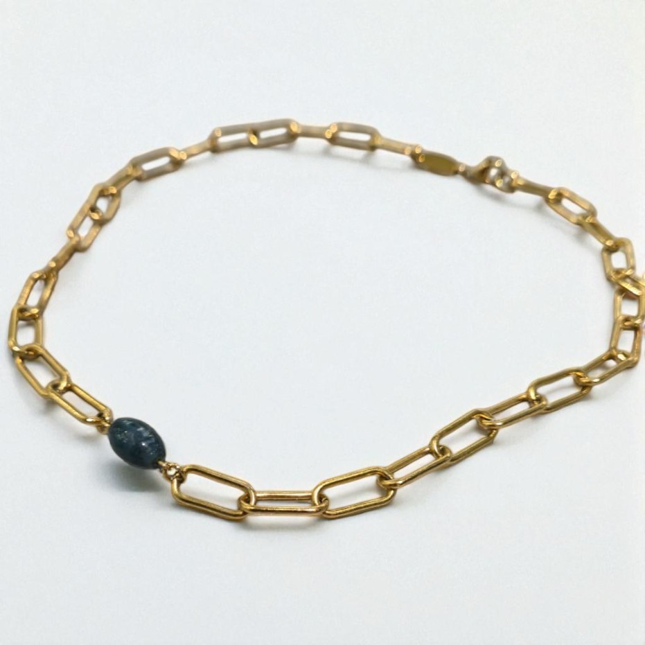 MOSS AGATE THICK PAPERCLIP NECKLACE GOLD