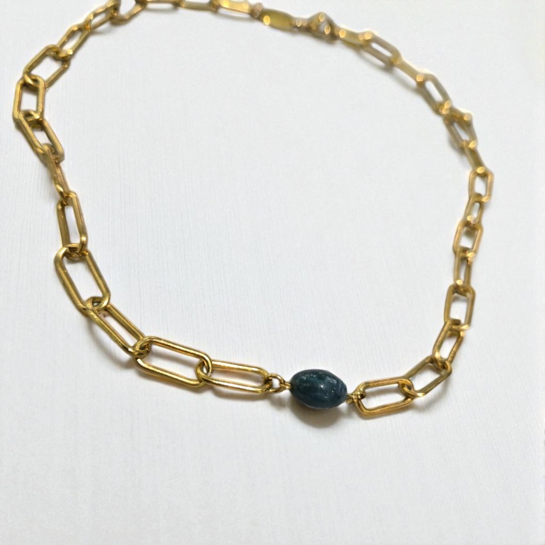 MOSS AGATE THICK PAPERCLIP NECKLACE GOLD