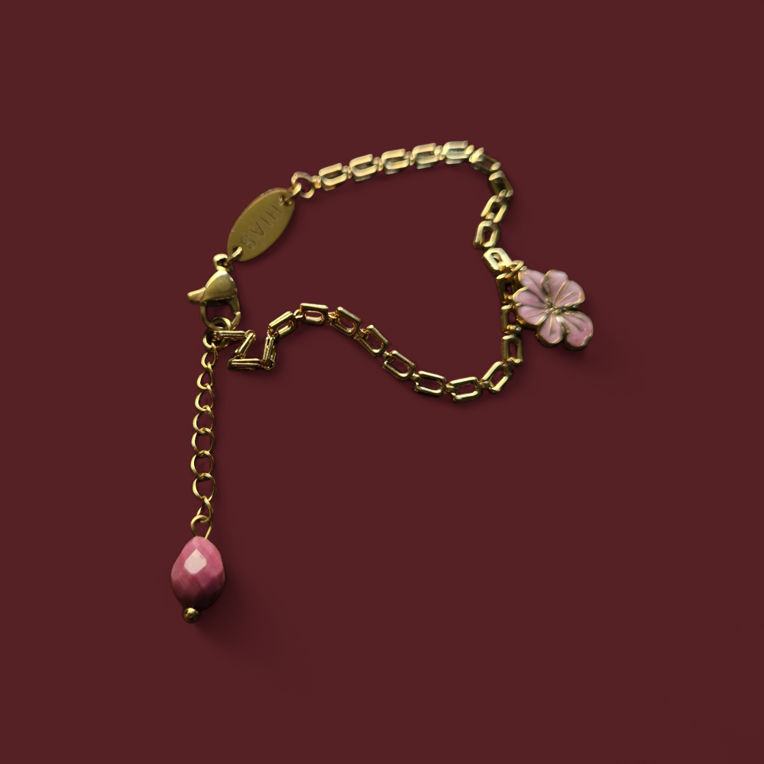 ENAMEL PINK FLOWER BRACELET WITH RHODONITE