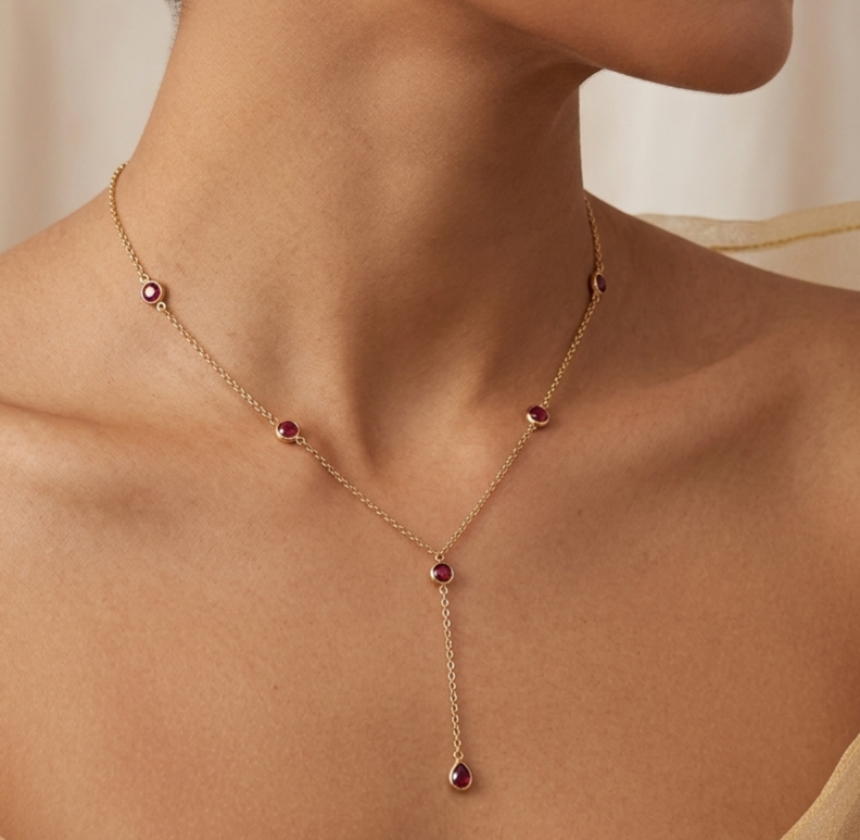 RED ZIRCON LARIAT NECKLACE GOLD
