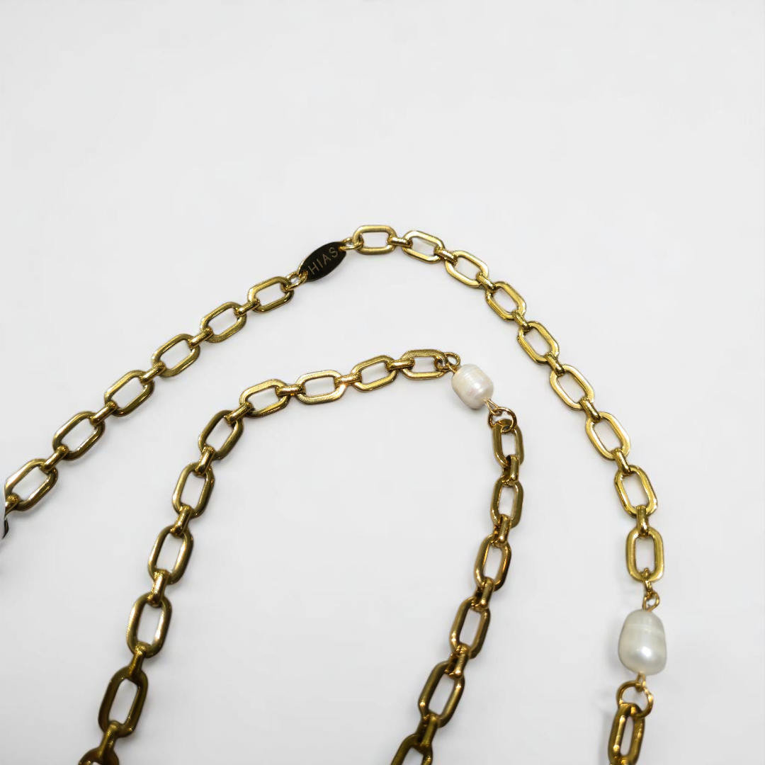 LONG U RECTANGLE WITH PEARL NECKLACE GOLD