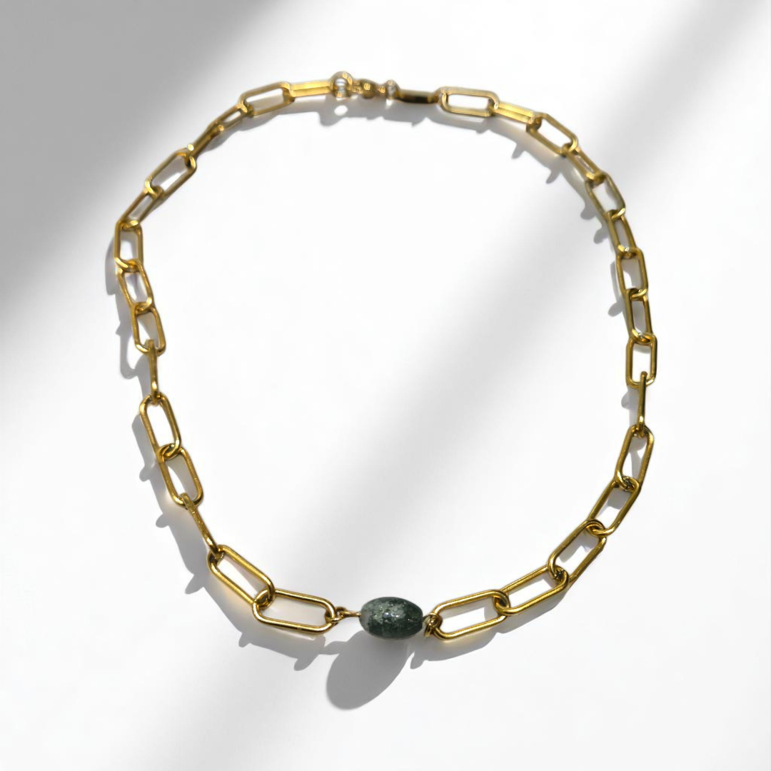 MOSS AGATE THICK PAPERCLIP NECKLACE GOLD