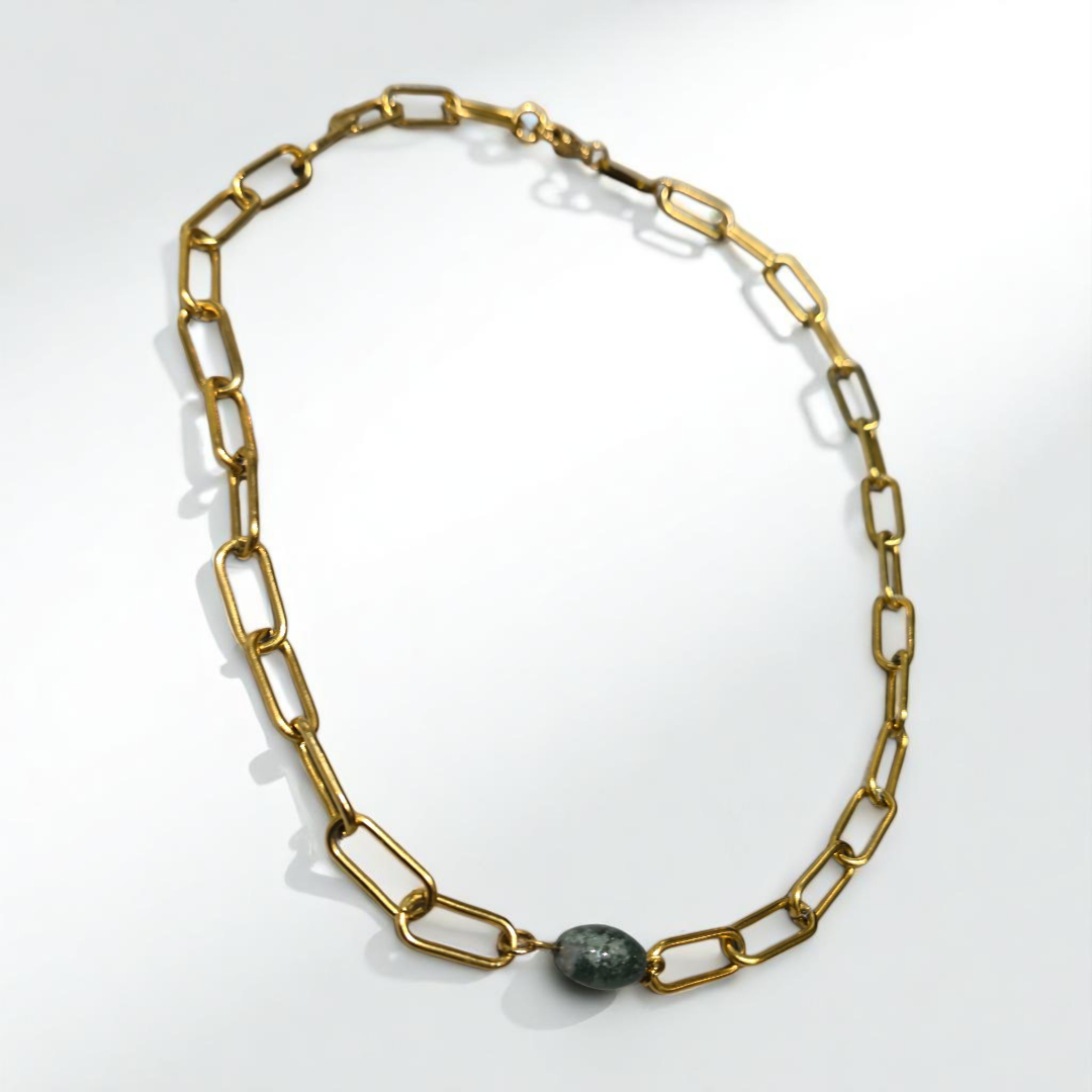 MOSS AGATE THICK PAPERCLIP NECKLACE GOLD