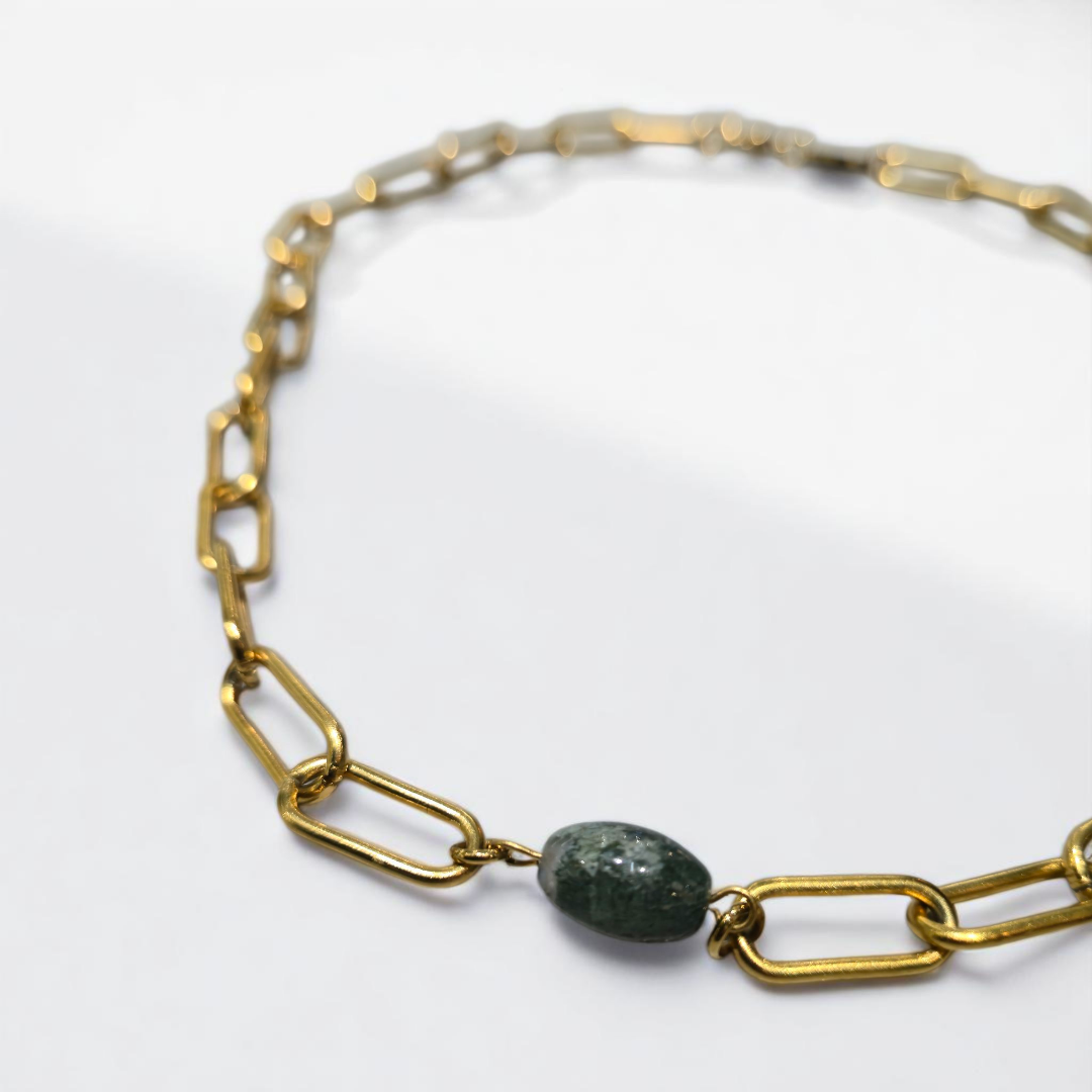 MOSS AGATE THICK PAPERCLIP NECKLACE GOLD