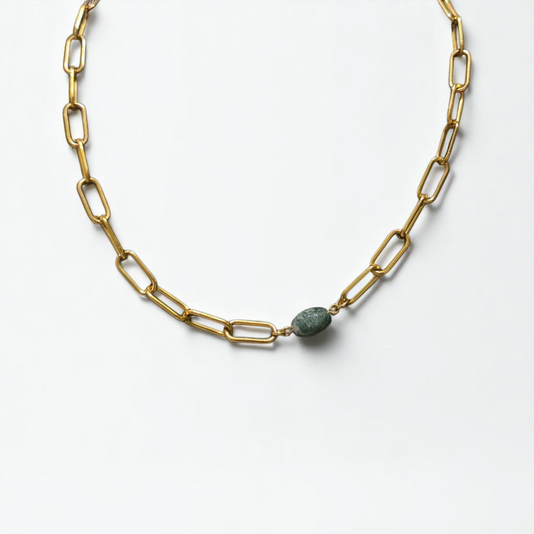 MOSS AGATE THICK PAPERCLIP NECKLACE GOLD