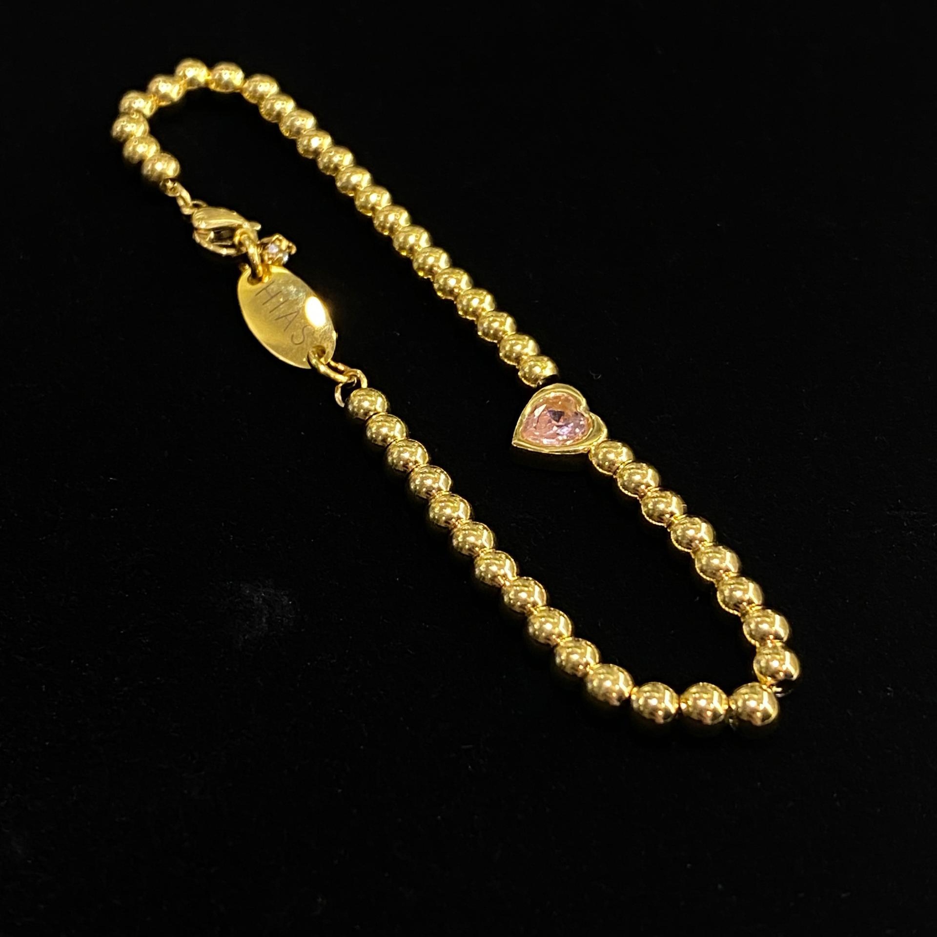 HEART PINK ZIRCON BEAD BRACELET GOLD