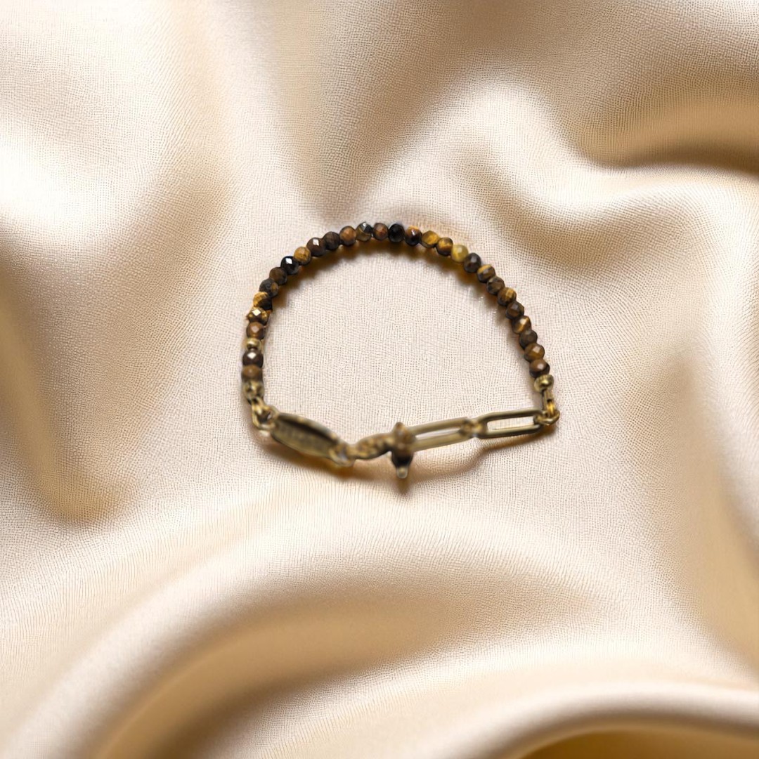 DAINTY TIGER EYE BEADED BRACELET GOLD