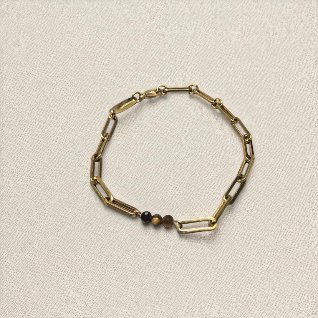 DAINTY TIGER EYE PAPERCLIP BRACELET GOLD