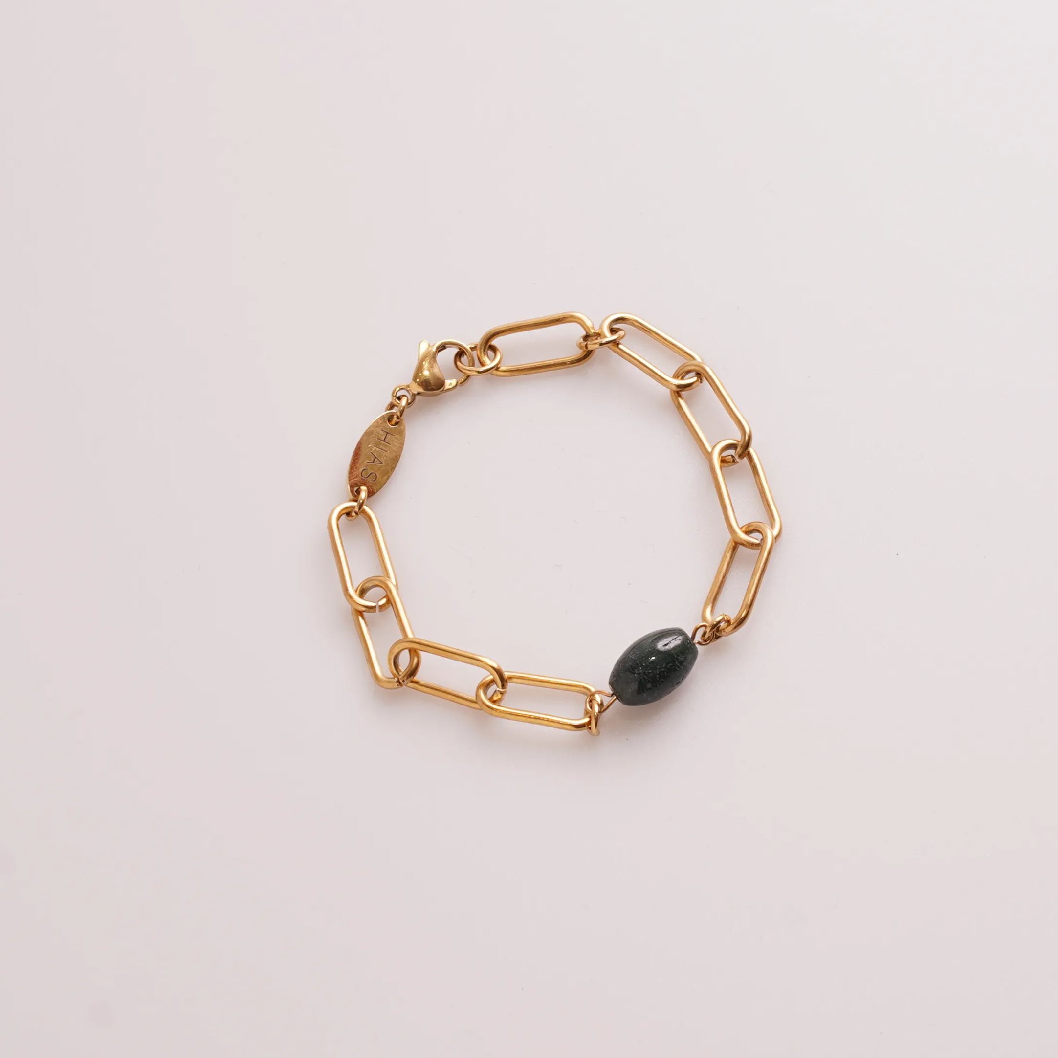 MOSS AGATE PAPERCLIP BRACELET GOLD