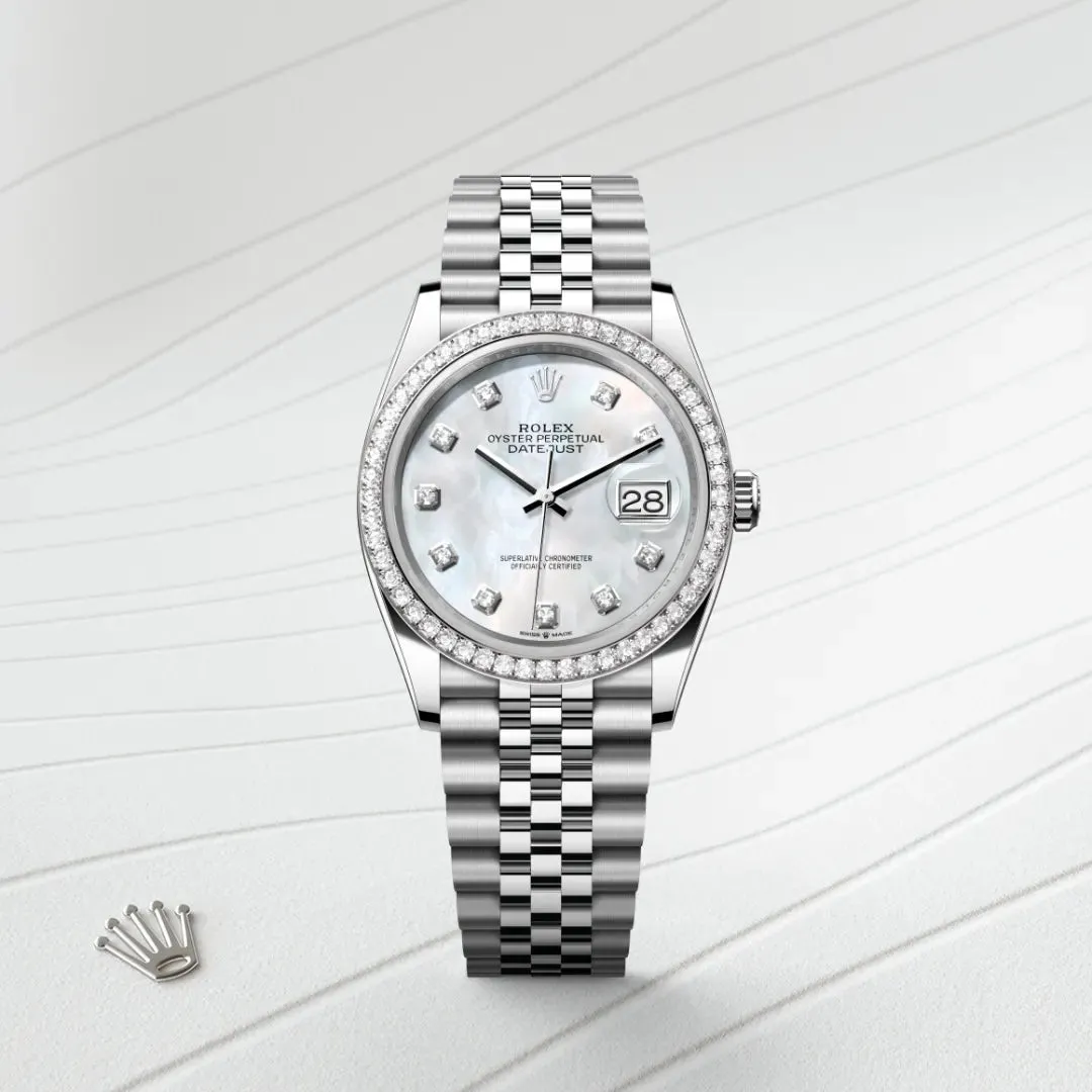 Rolex デイトジャスト 36 オイスター、36 mm、オイスタースチール＆ホワイトゴールド、ダイヤモンド
