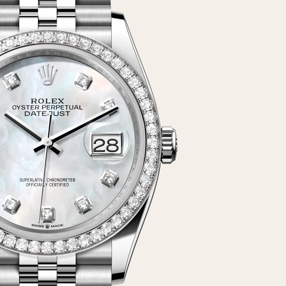 Rolex デイトジャスト 36 オイスター、36 mm、オイスタースチール＆ホワイトゴールド、ダイヤモンド