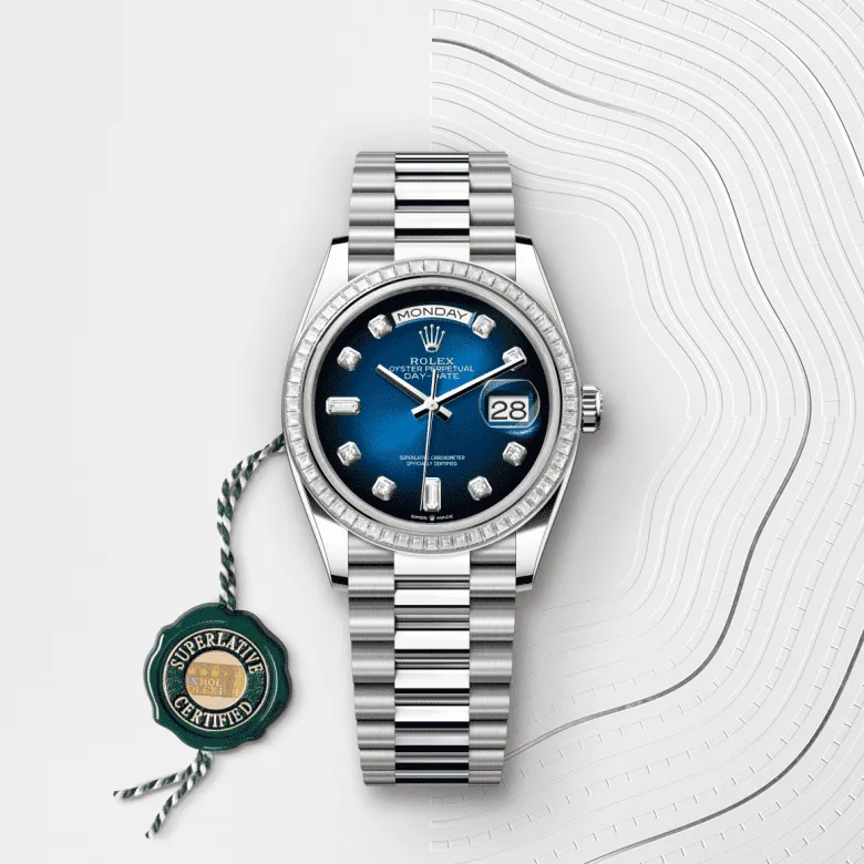 デイデイト 36 | オイスター、36 mm、ホワイトゴールド、ダイヤモンド リファレンス 128399TBR-0007