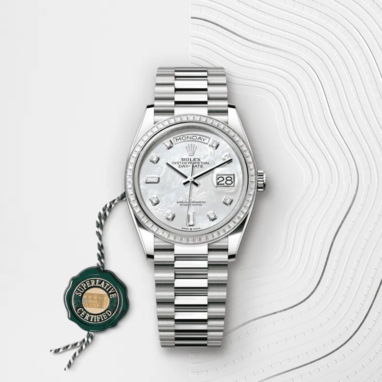 デイデイト 36 | オイスター、36 mm、ホワイトゴールド、ダイヤモンド リファレンス 128399TBR-0003