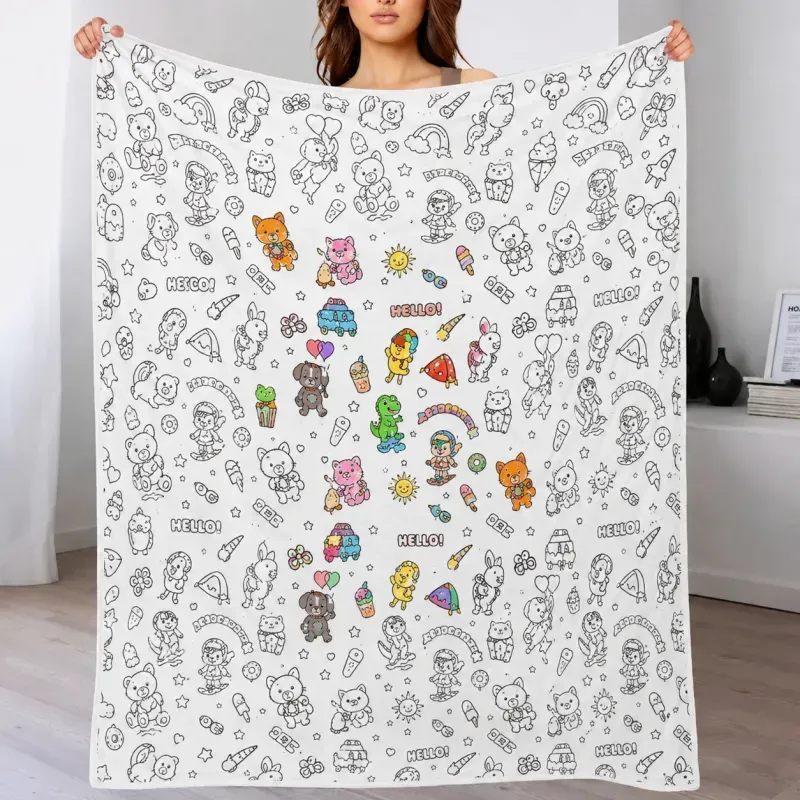 Coloring Fabric Blanket, Large Coloring Throw Blanket with Markers for Stress Relief Cozy Blanket