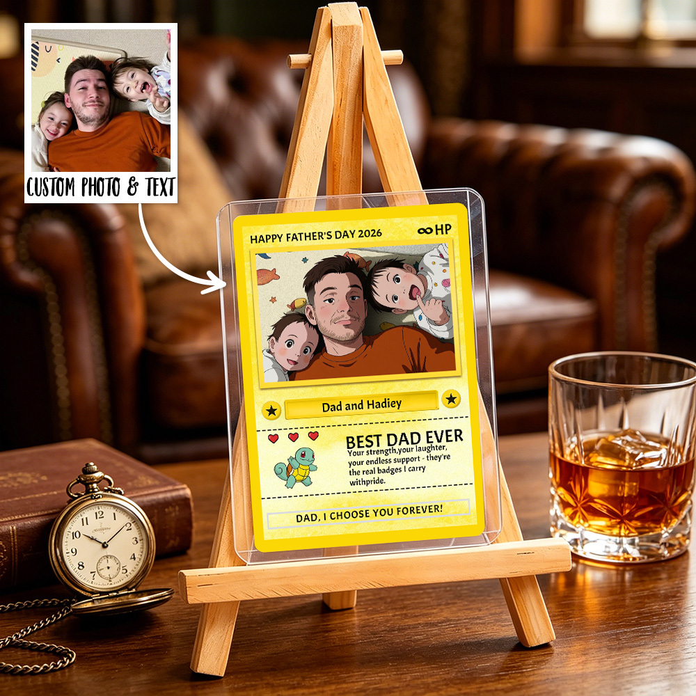 Personalized Father's Day Card - Custom Dad Trading Card with Photo & Names - "Best Dad Ever" Unique Gift for Dad, Grandpa, Husband - Poke Style Collectible Plaque for Father's Day 2026