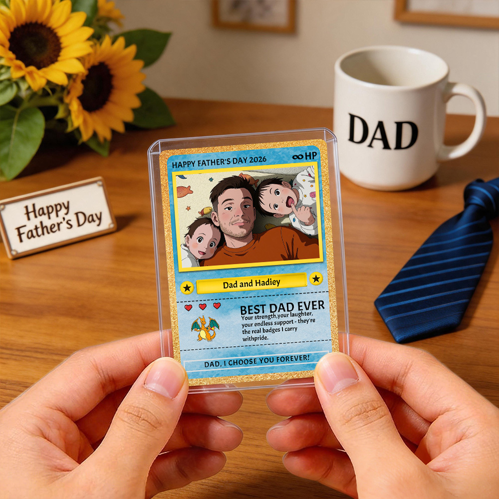 Personalized Father's Day Card - Custom Dad Trading Card with Photo & Names - "Best Dad Ever" Unique Gift for Dad, Grandpa, Husband - Poke Style Collectible Plaque for Father's Day 2026