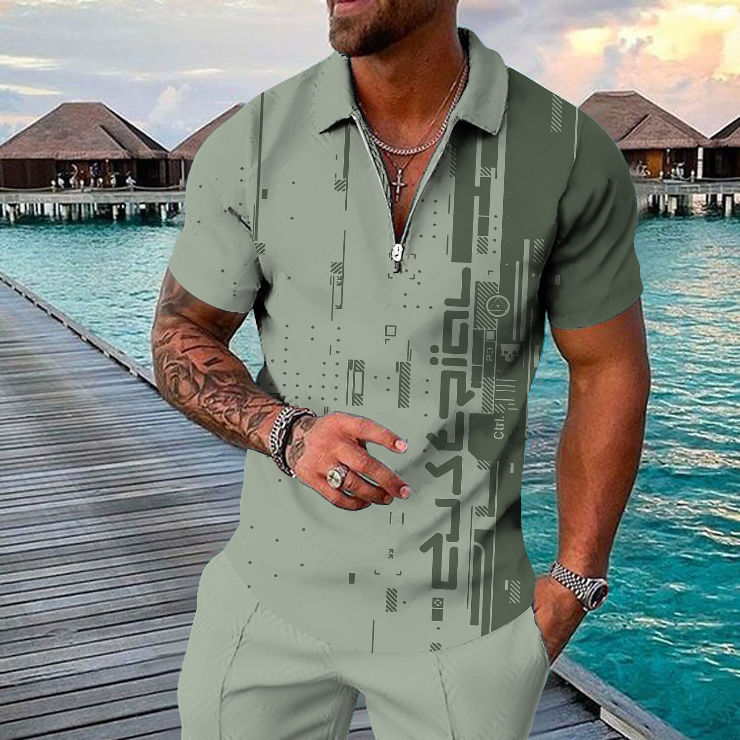 Men's Golf Shirt 3D Print Geometry Casual Zipper Print Short Sleeves Tops