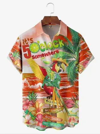 Rhyvra Hardaddy Party Shirts It's 5 O'Clock Somewhere Parrot Chest Pocket Short Sleeve Hawaiian Shirt