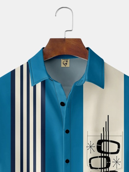 Rhyvra Hawaiian Shirt for Men Vintage Hawaiian Bowling Geometric Print Casual Breathable Hawaiian Chest Pocket Short Sleeve Shirt