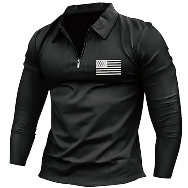 Men's Vintage American Flag Print Zip Lapel Long Sleeve T-Shirt