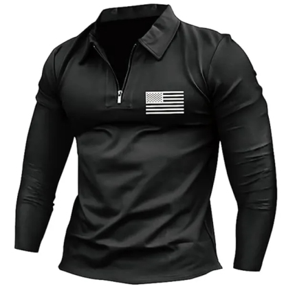 Men's Vintage American Flag Print Zip Lapel Long Sleeve T-Shirt