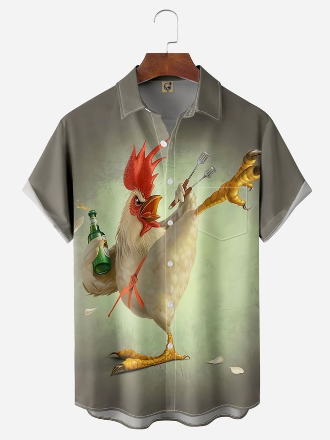 Rhyvra Kung fu Rooster Chest Pocket Short Sleeve Casual Shirt