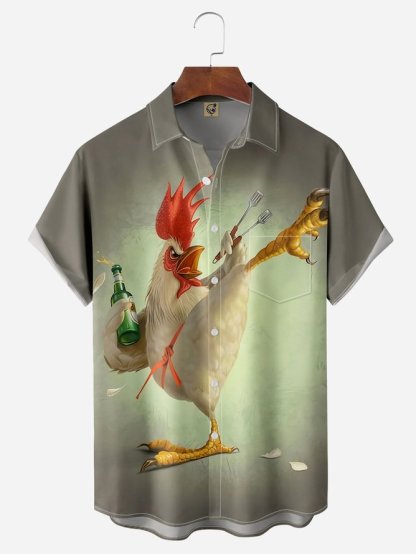 Rhyvra Kung fu Rooster Chest Pocket Short Sleeve Casual Shirt