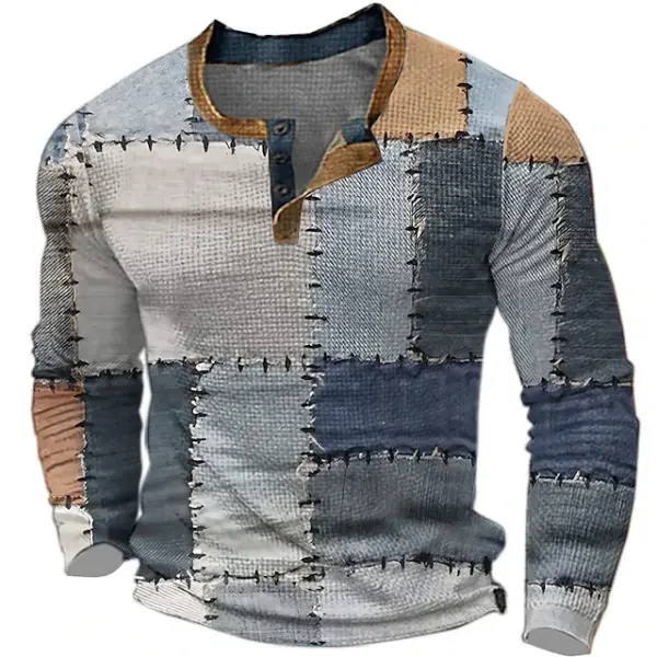 Men's Plaid Patchwork Print Henley Shirt Vintage T Shirt Sports Outdoor Long Sleeve Clothing