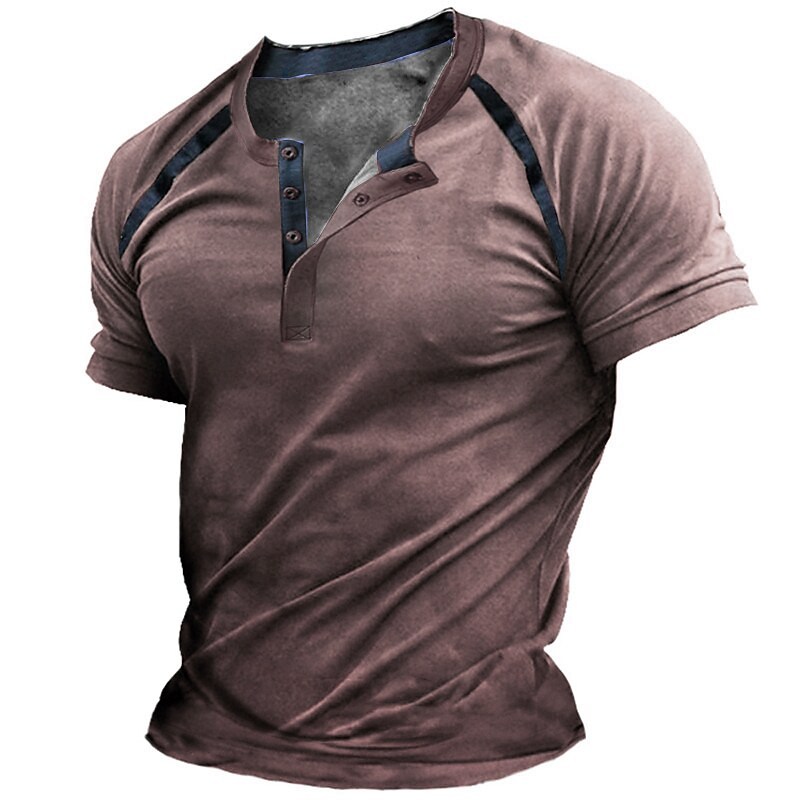 Men's T-shirt Henley Graphic Color Block Short Sleeve Casual Button-Down Print Tops